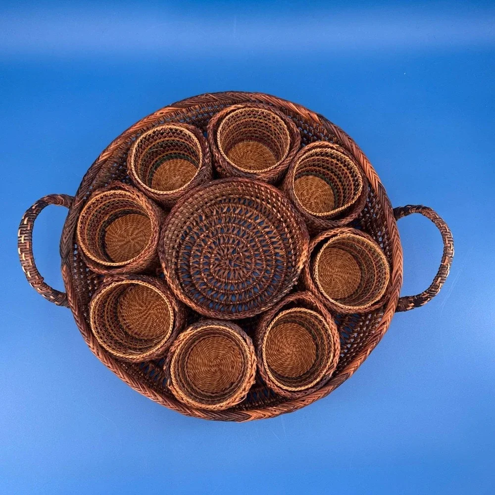 Vintage Wicket Grass Drink Tray Wicker Basket for Glasses Bohemian